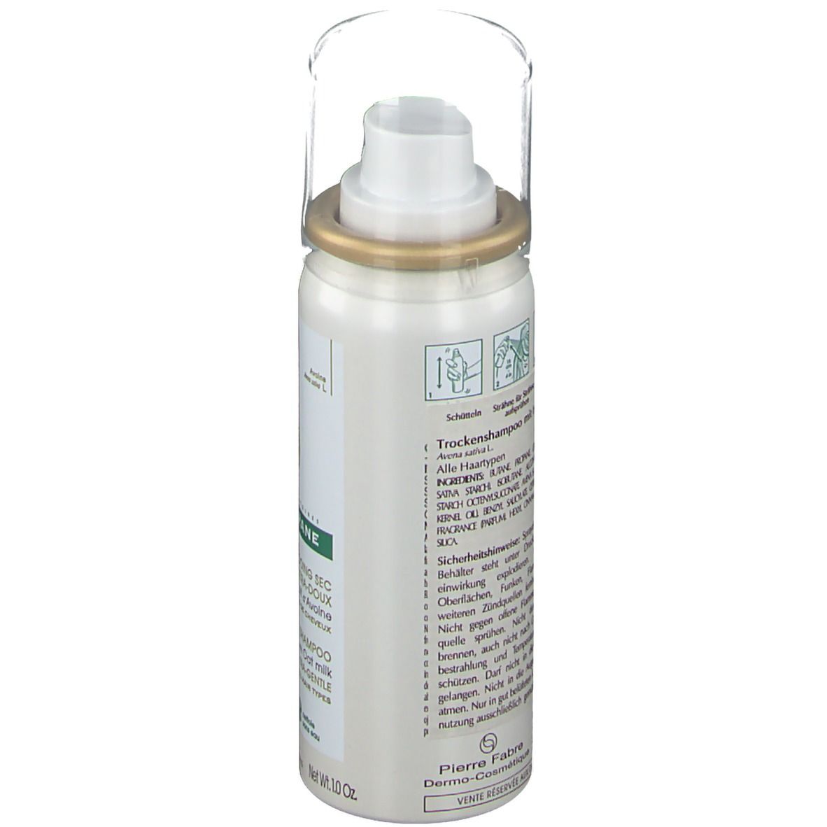 Rückseite des Sprays. Text in mehreren Sprachen. Illustrationen zur Anwendung. Herstellerinformationen und Sicherheitszeichen.