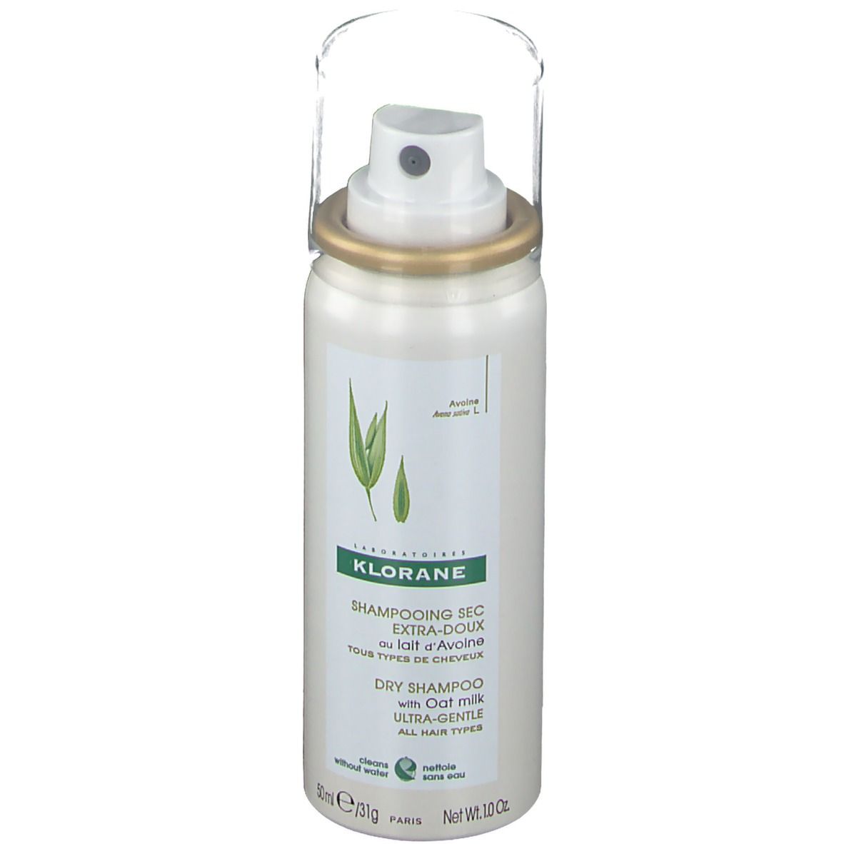 Weißes Spray mit Sprühkopf und goldfarbenem Ring. Etikett mit Logo und Produktbezeichnung. "Shampooing Sec" und "Dry Shampoo" lesbar.