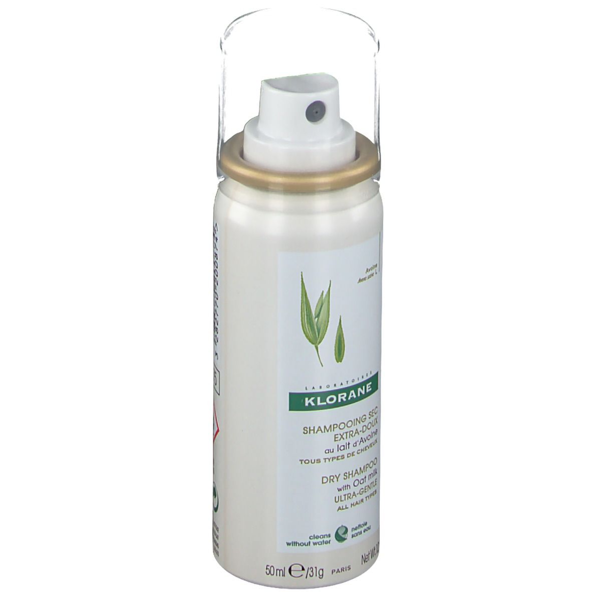 Weißes Spray mit Sprühkopf und goldfarbenem Ring. Etikett mit Logo und Produktbezeichnung. "Shampooing Sec" und "Dry Shampoo" lesbar.