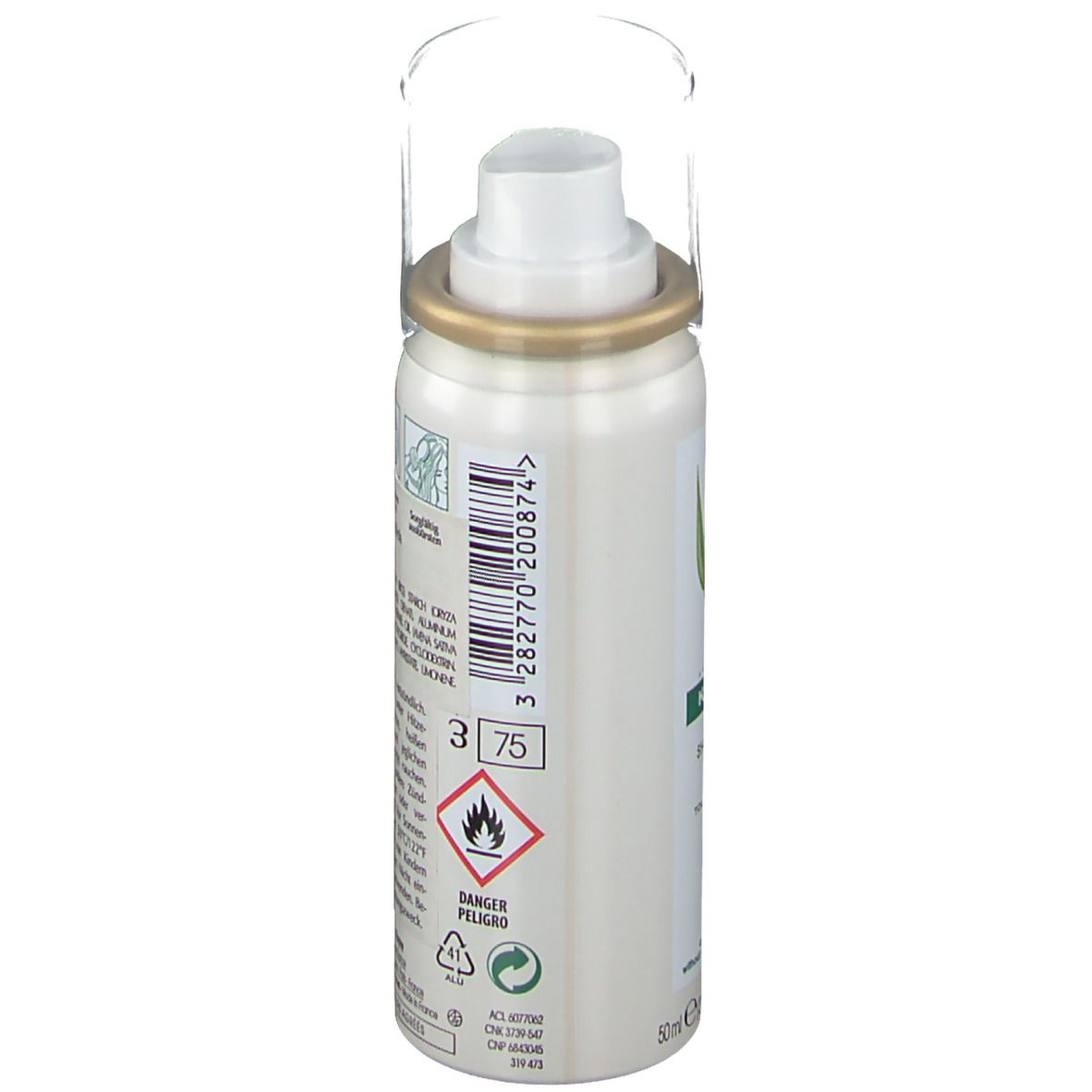 Rückseite des Sprays. Text in mehreren Sprachen. Illustrationen zur Anwendung. Herstellerinformationen und Sicherheitszeichen.