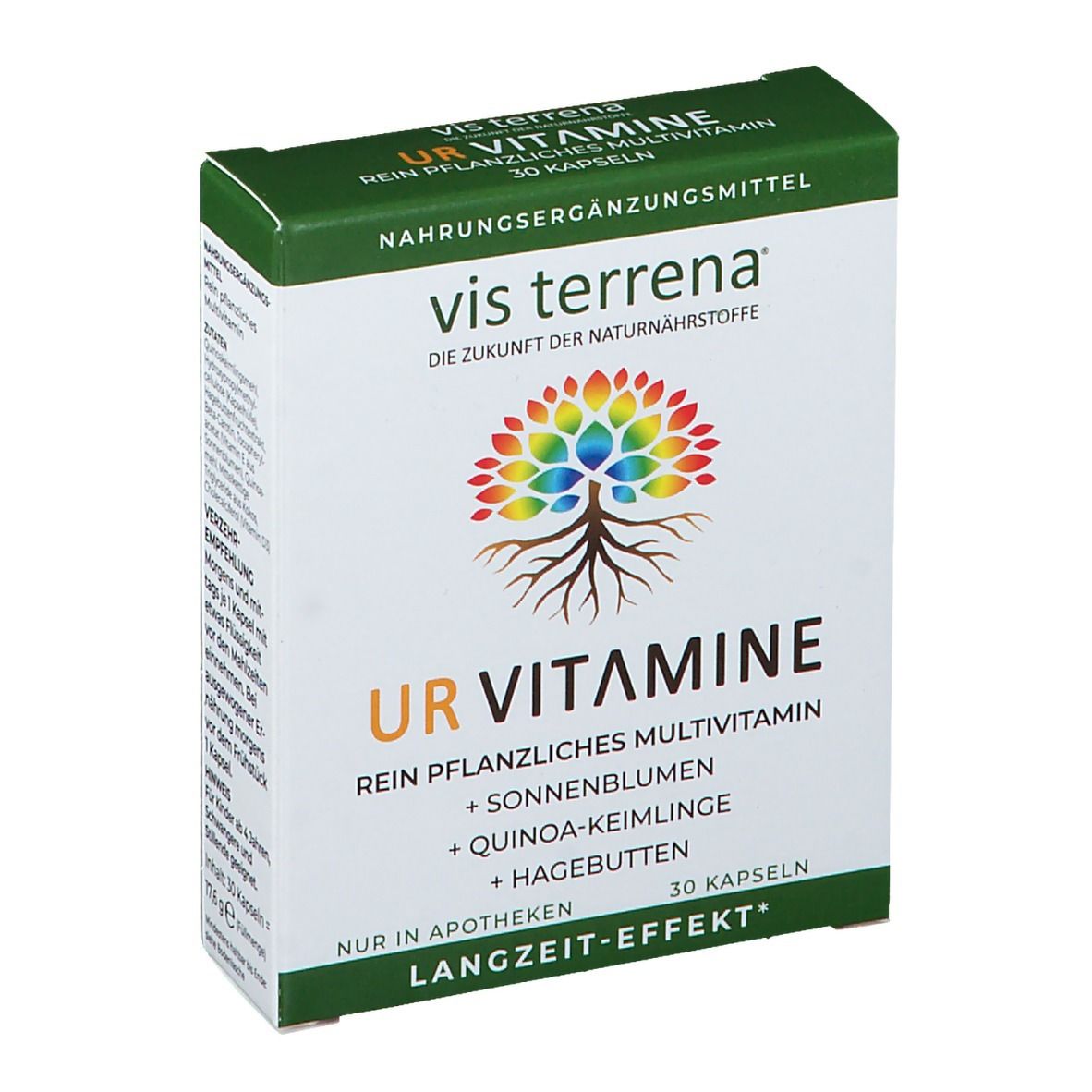 Weiß-grüne Schachtel mit "vis terrena URVITAMINE". Enthält 30 Kapseln. Aufdruck: "Rein pflanzliches Multivitamin".