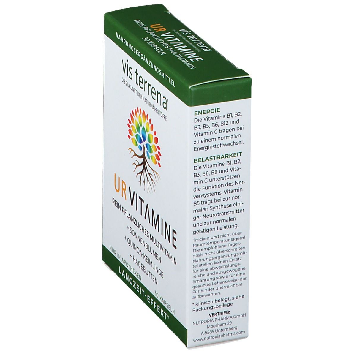 Schachtel "vis terrena URVITAMINE" in Schrägansicht. Text: "Nahrungsergänzungsmittel". Auf der Seite: Informationen zu Inhaltsstoffen und Wirkung.