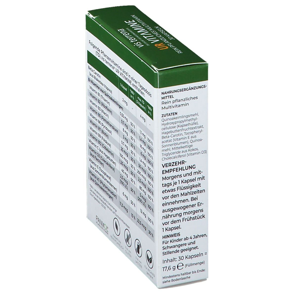 Schachtel "vis terrena URVITAMINE" in Schrägansicht. Auf der Seite: Inhaltsstoffe und Nährwerttabelle. Empfehlung: 1 Kapsel täglich.