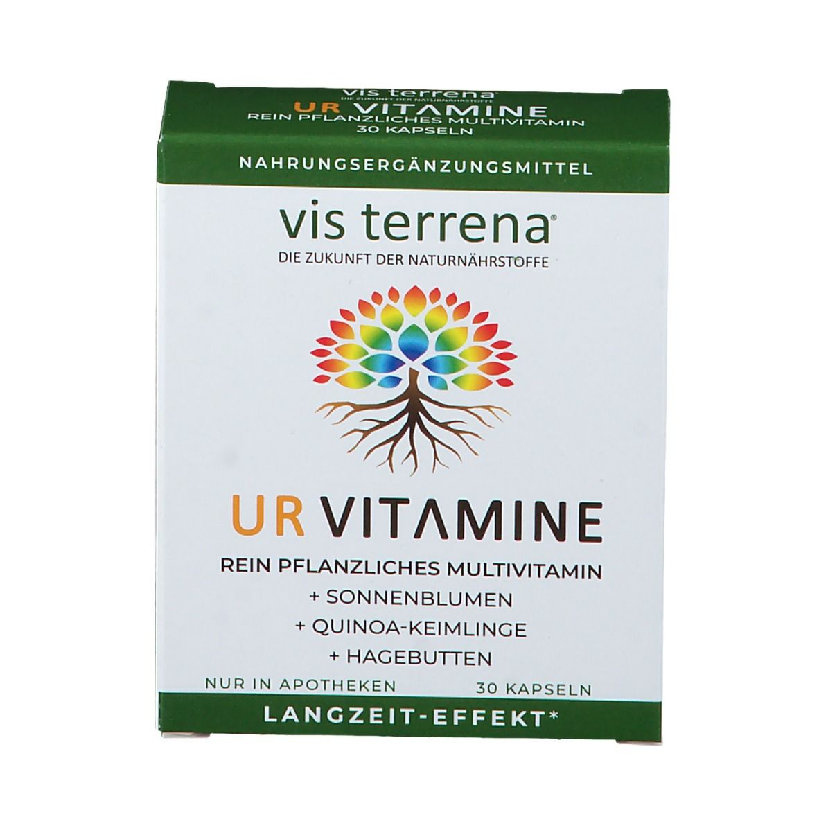 Weiß-grüne Schachtel "vis terrena URVITAMINE". Aufdruck: "Rein pflanzliches Multivitamin". Enthält 30 Kapseln. Logo: Baum mit Regenbogenkrone.