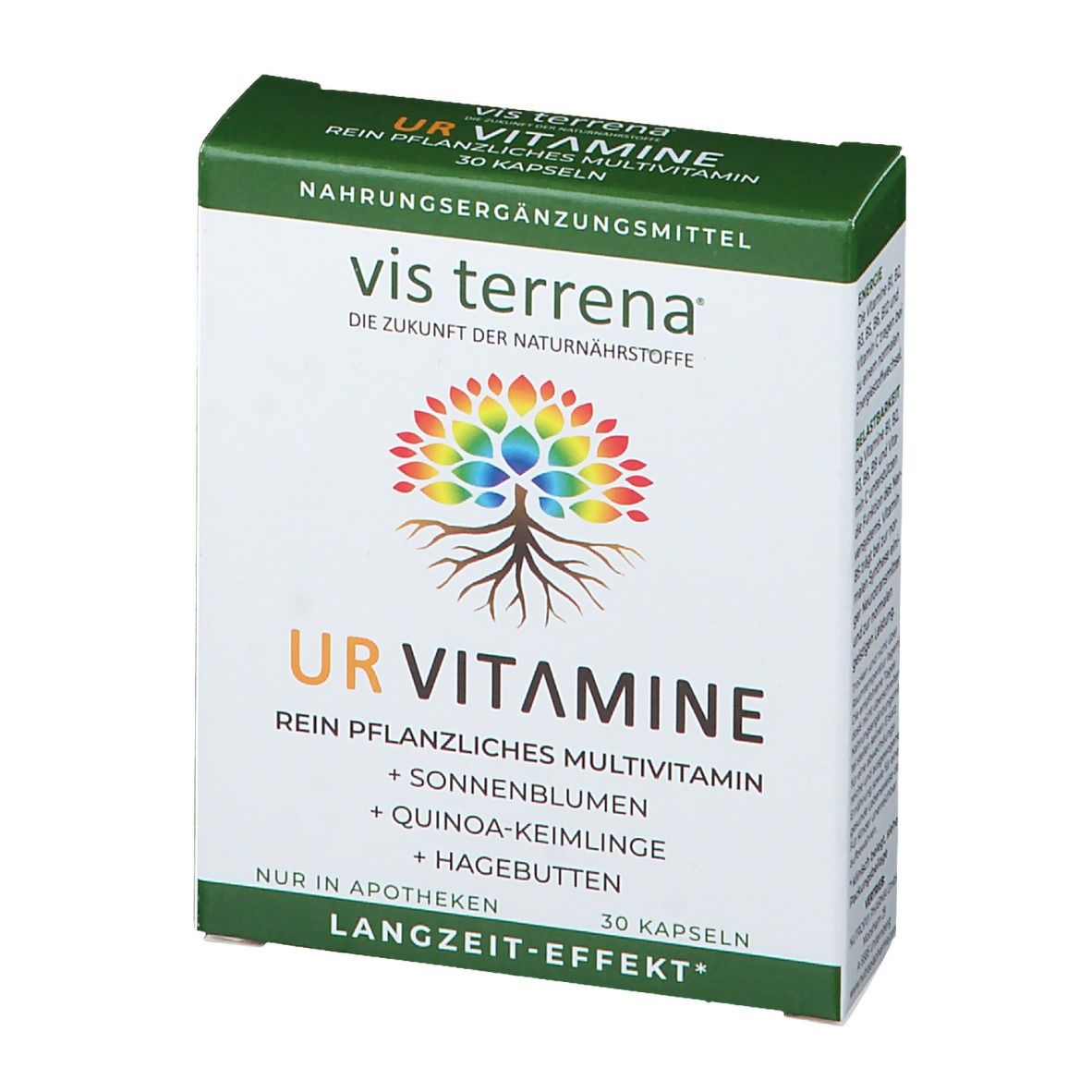 Weiß-grüne Schachtel "vis terrena URVITAMINE". Aufdruck: "Rein pflanzliches Multivitamin". Enthält 30 Kapseln. Logo: Baum mit Regenbogenkrone.