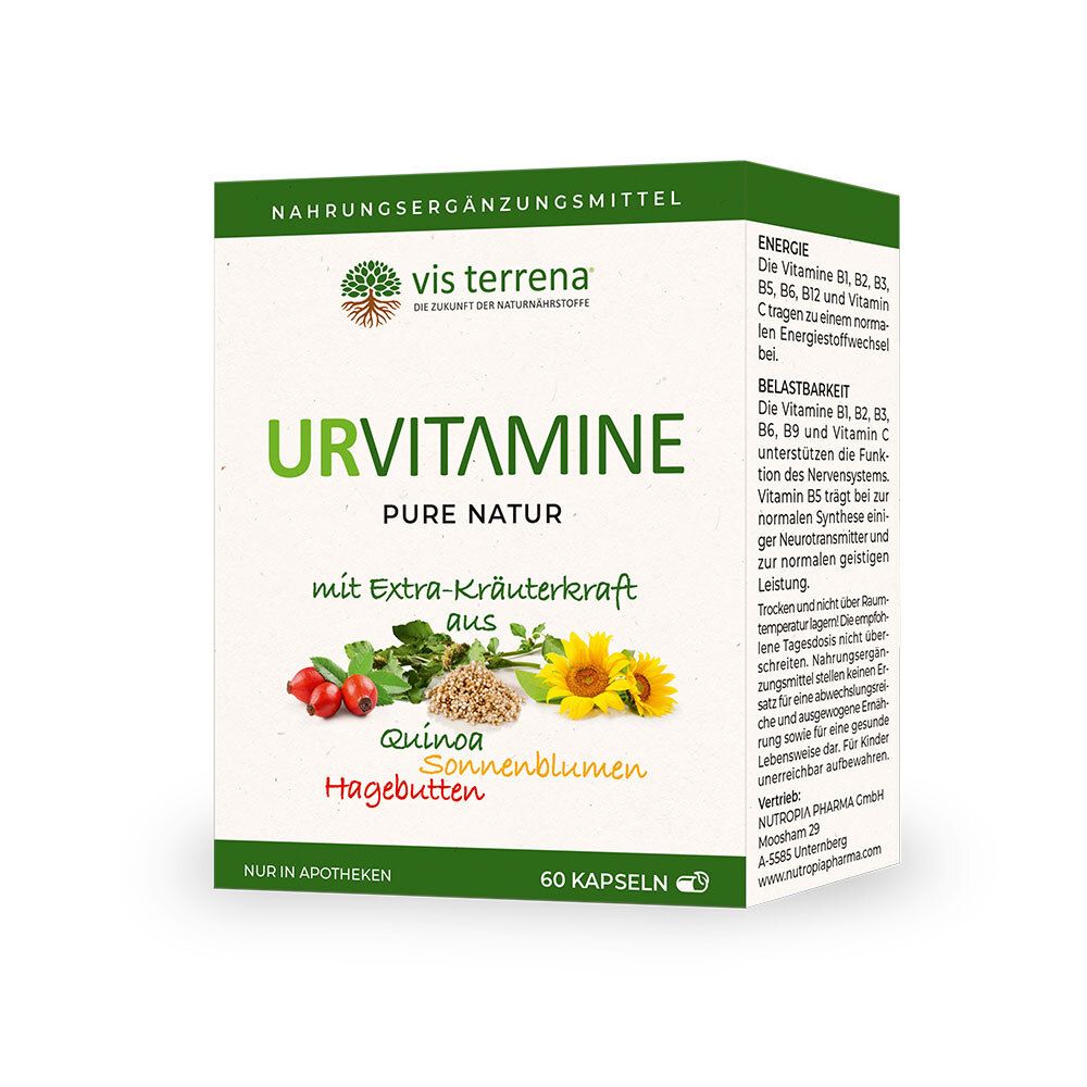 Karton mit vis terrena® URVITAMINE. Aufschrift: URVITAMINE PURE NATUR, mit Extra-Kräuterkraft aus Quinoa, Sonnenblumen, Hagebutten. 60 Kapseln.