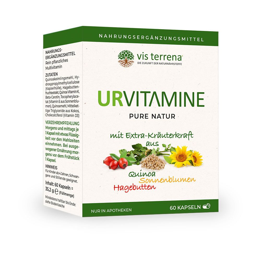 Karton mit vis terrena® URVITAMINE. Aufschrift: URVITAMINE PURE NATUR, mit Extra-Kräuterkraft aus Quinoa, Sonnenblumen, Hagebutten. 60 Kapseln.