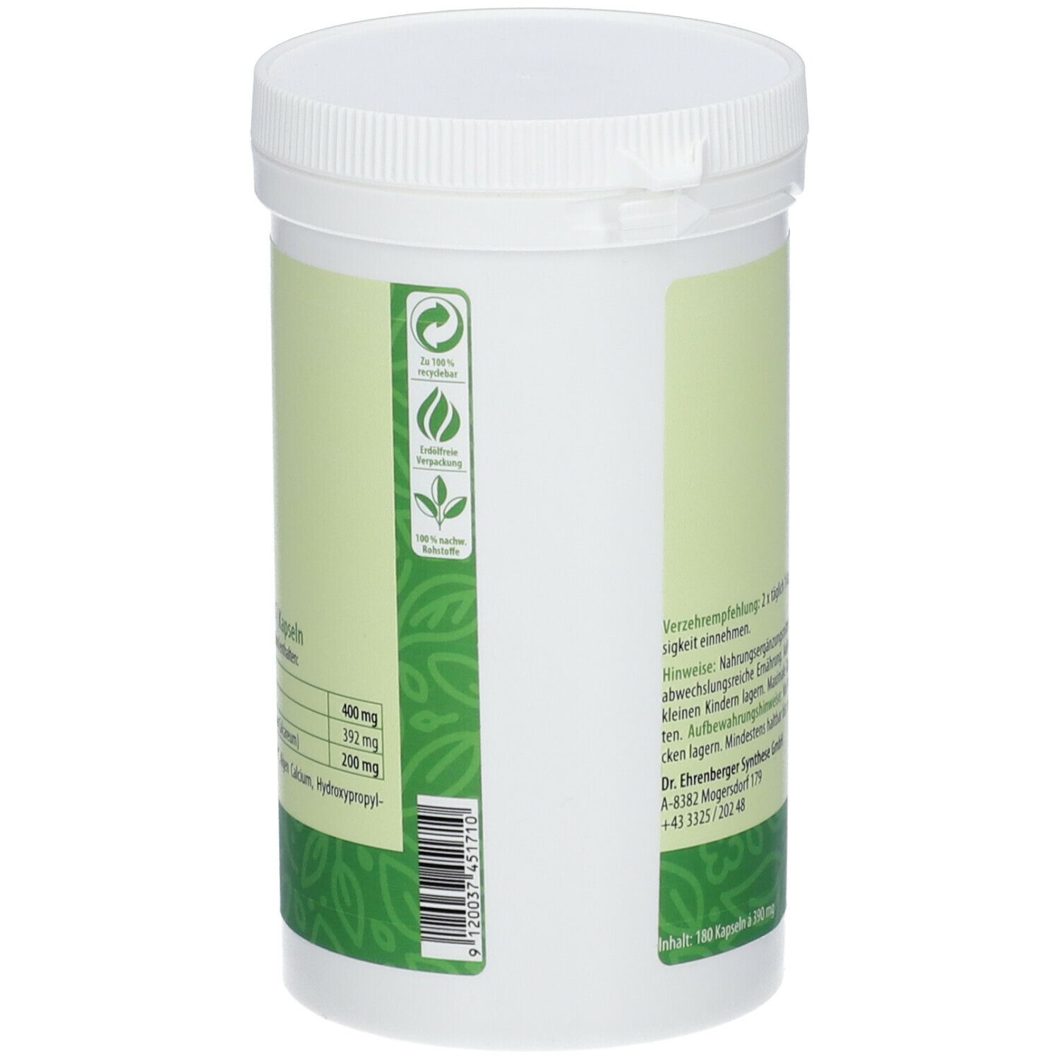 Rückseite der weißen Dose. Text: Nährwertangaben, Inhaltsstoffe, Dr. med. Ehrenberger Synthese GmbH. Recycling-Siegel.