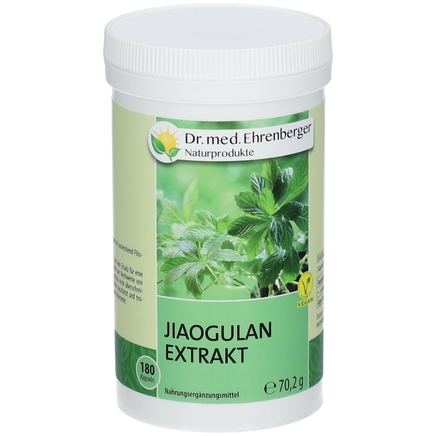 Weiße Dose mit grünem Etikett. Aufschrift: Jiaogulan Extrakt, 180 Kapseln, Dr. med. Ehrenberger Naturprodukte. Vegan-Siegel.