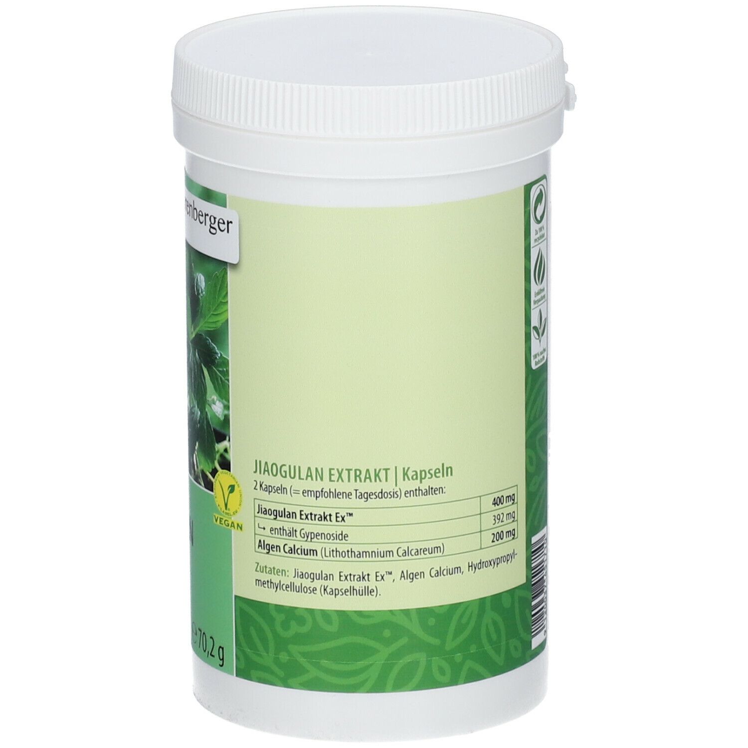 Rückseite der weißen Dose. Text: Jiaogulan Extrakt, Kapseln, Inhaltsstoffe, Nährwertangaben. Vegan-Siegel.