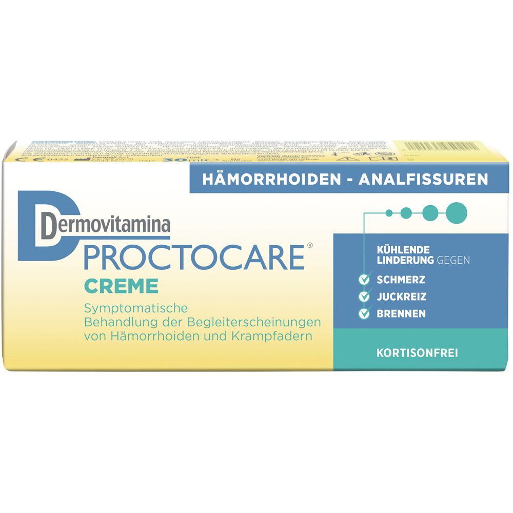 Dermovitamina Proctocare Creme Packung für Hämorrhoiden und Analfissuren, kortisonfrei.