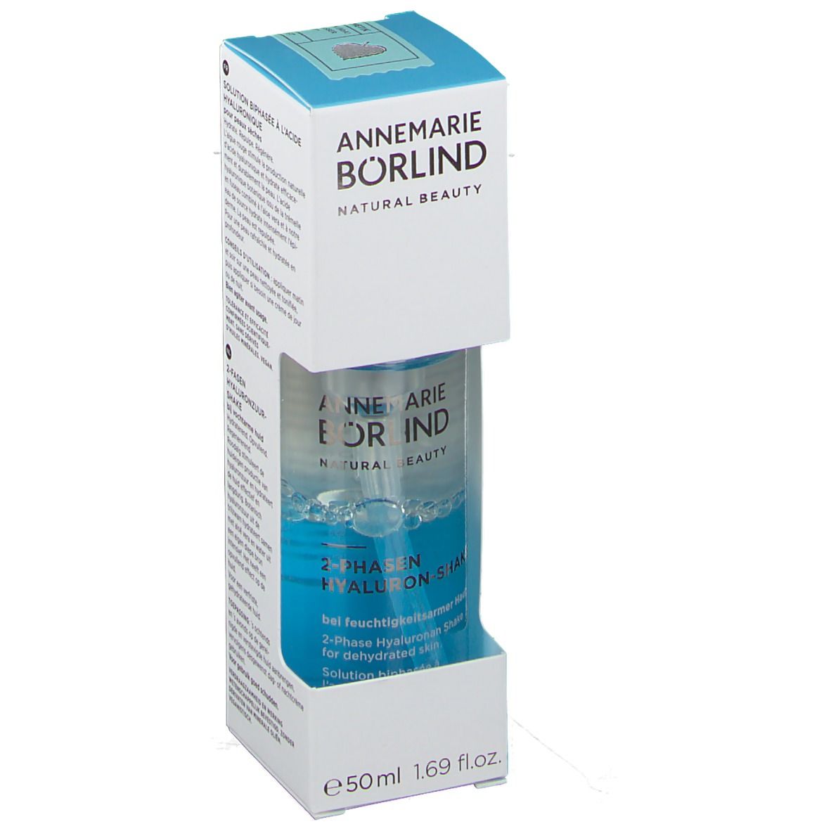 BÖRLIND 2-Phasen-Hyaluronsäure-Shake in Verpackung. Flasche mit blauem und klarem Inhalt. Weiße und blaue Verpackung mit Produktnamen.