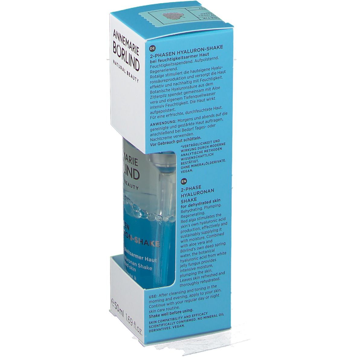 Rückseite der BÖRLIND 2-Phasen-Hyaluronsäure-Shake Verpackung. Text in Deutsch und Englisch. Blaue und weiße Verpackung.