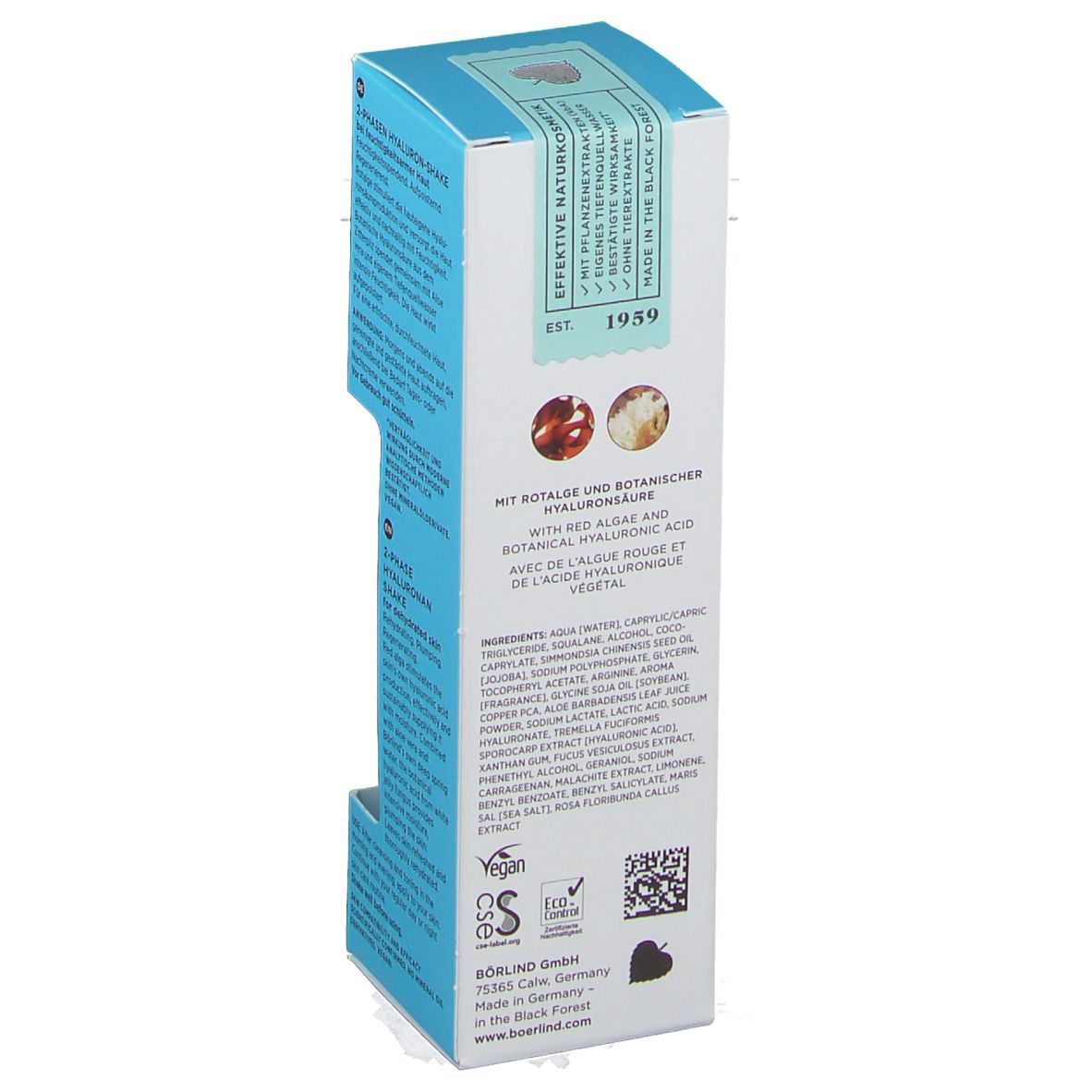 Rückseite der BÖRLIND 2-Phasen-Hyaluronsäure-Shake Verpackung. Inhaltsstoffe, Zertifizierungen und Logo. Blaue und weiße Verpackung.