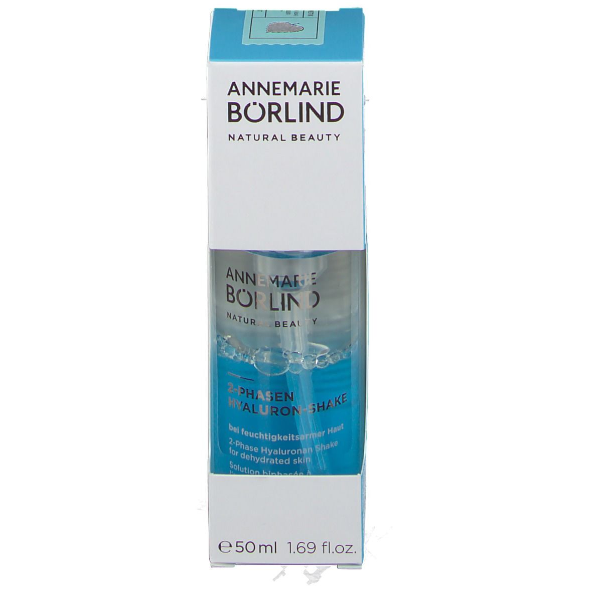BÖRLIND 2-Phasen-Hyaluronsäure-Shake in Verpackung. Flasche mit blauem und klarem Inhalt. Weiße und blaue Verpackung.