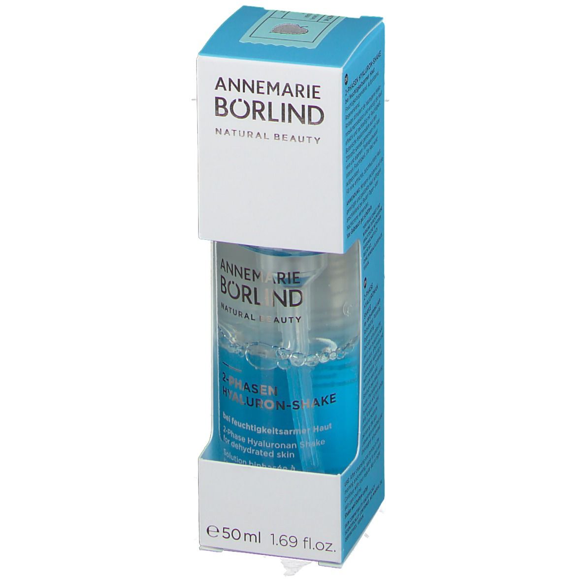 BÖRLIND 2-Phasen-Hyaluronsäure-Shake in Verpackung. Flasche mit blauem und klarem Inhalt. Weiße und blaue Verpackung.