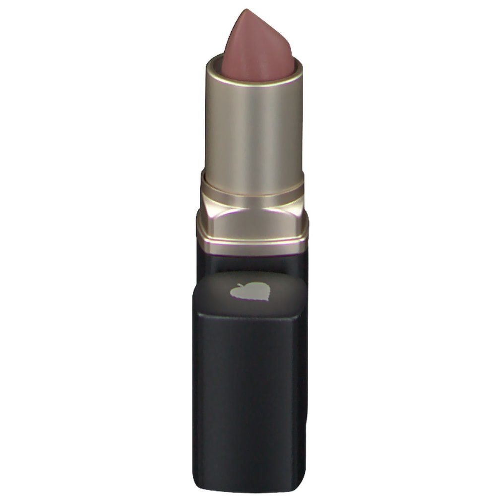 Lippenstift in schwarzer Hülse. Der Lippenstift hat eine matte, nude Farbe. Auf der Hülse steht "ANNEMARIE BORLIND NATURAL BEAUTY".