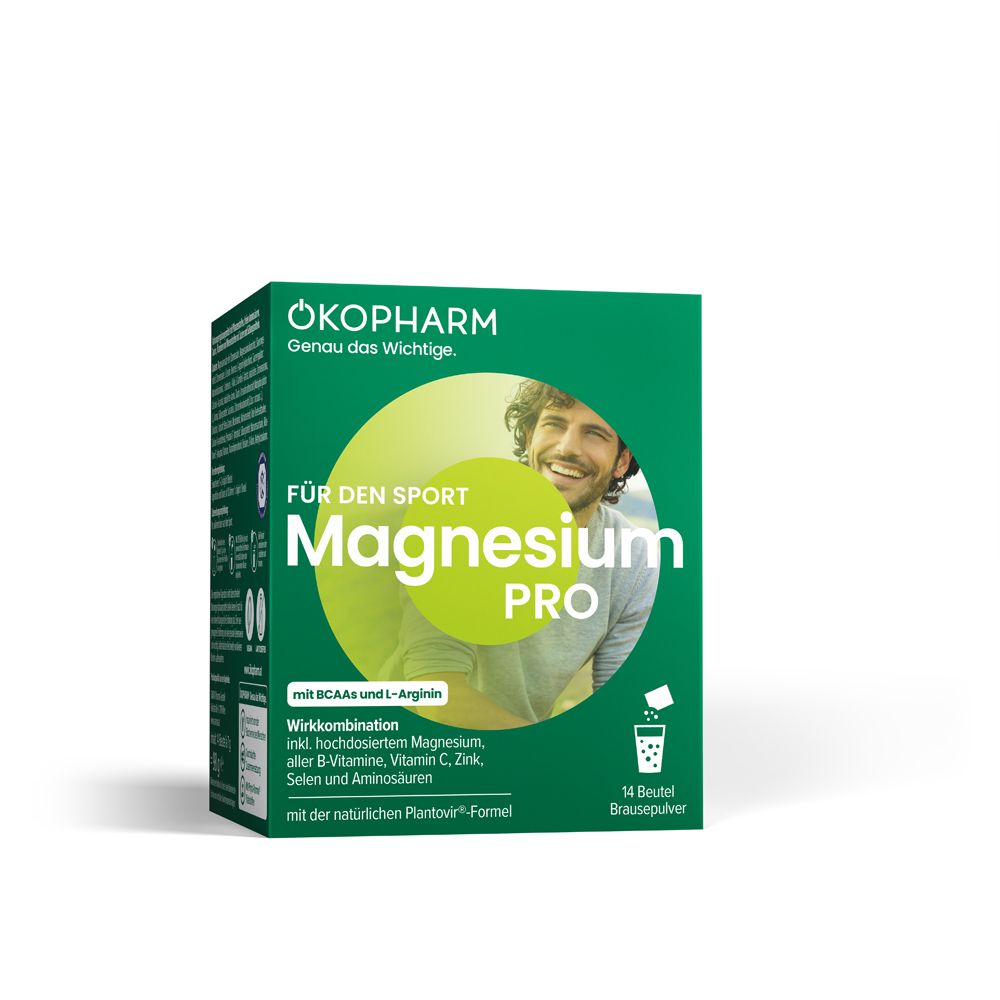 Grüne Schachtel mit ÖKOPHARM Magnesium PRO. Aufdruck: Für den Sport, Magnesium PRO, 14 Beutel Brausepulver. Mann lächelt.