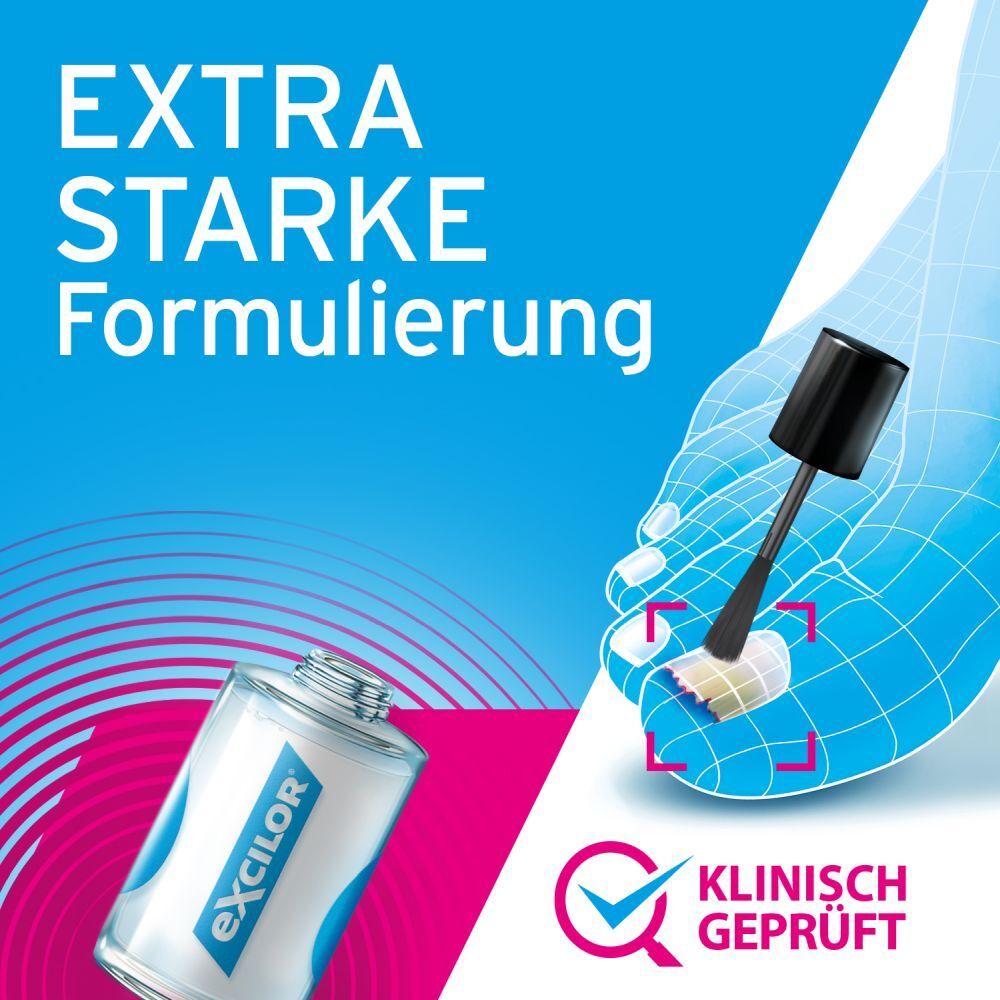 Produktflasche mit Pinsel. Klinisch geprüft. Fuß mit Nagelpilz wird behandelt.