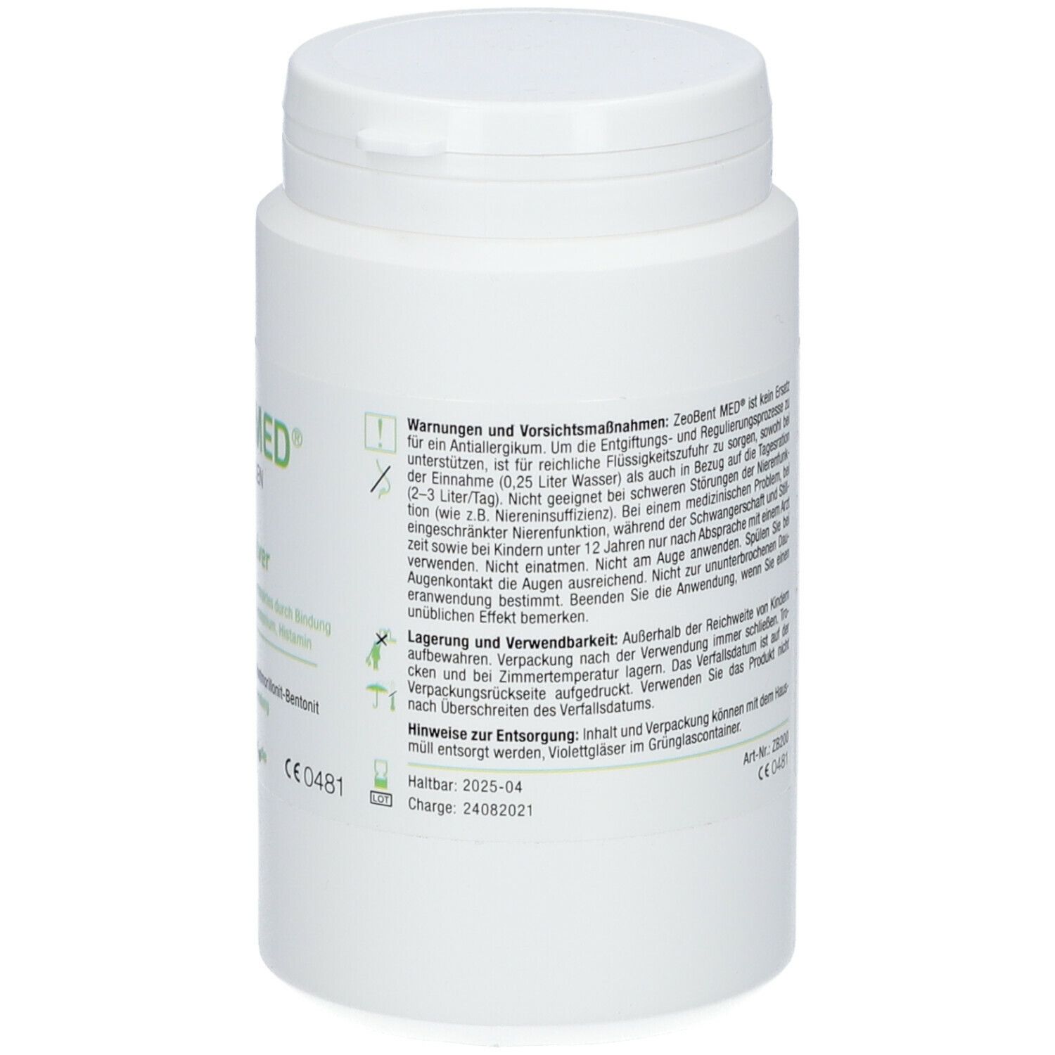 Weiße Dose, Rückseite mit Text. ZeoBentMED-Logo. Haltbar bis 2025-04. Charge 24082021.