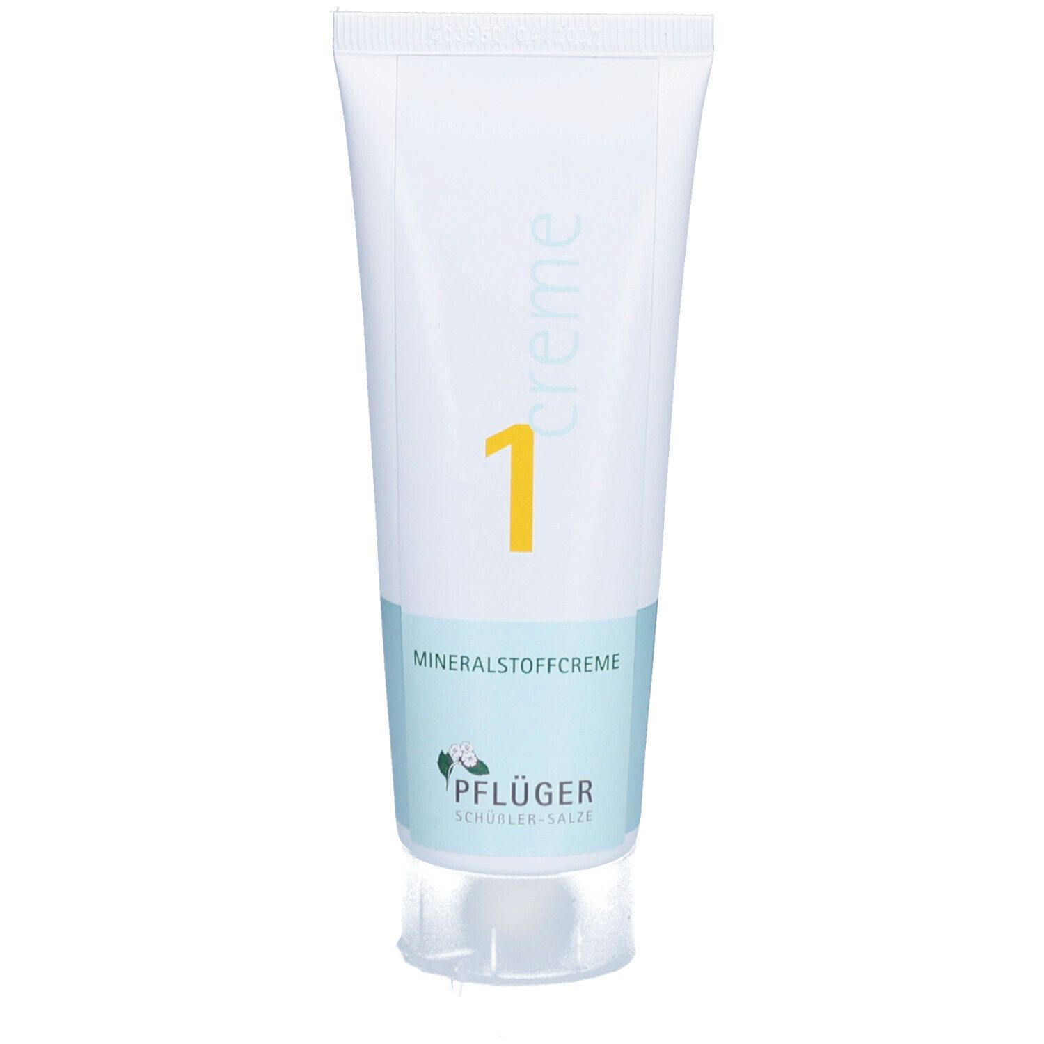 Creme-Tube, weiß, mit gelber "1". "Mineralstoffcreme" und "Pflüger Schüssler-Salze" Schriftzug.