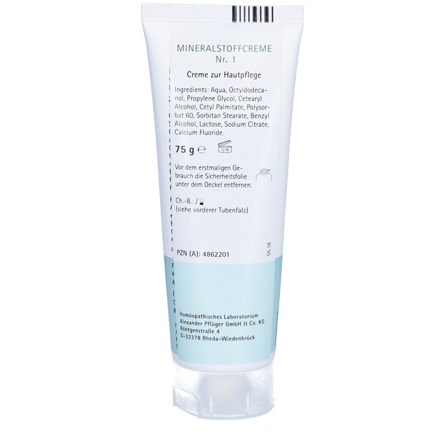 Rückseite der Creme-Tube. Text: "Mineralstoffcreme Nr. 1", Inhaltsstoffe, 75 g, PZN-Nummer, Hersteller.