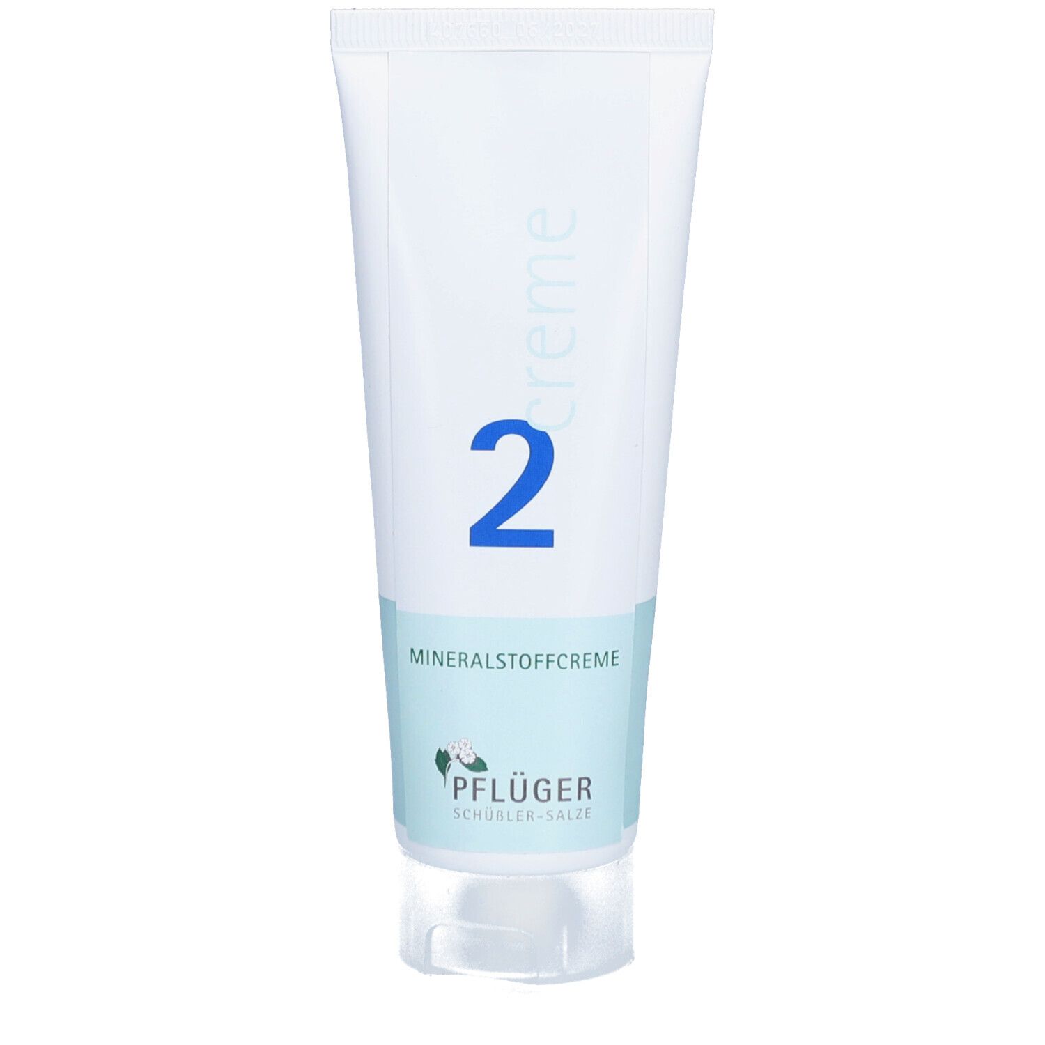 Creme-Tube, weiß, mit blauer Aufschrift. "2" und "Mineralstoffcreme" sichtbar. Pflüger-Logo unten.