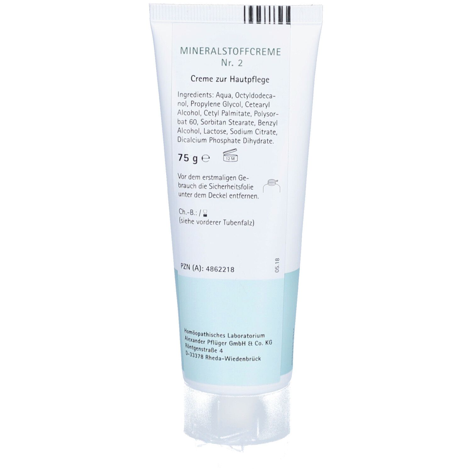 Rückseite der Creme-Tube. Text: "Mineralstoffcreme Nr. 2", Inhaltsstoffe, 75 g, PZN, Herstelleradresse.