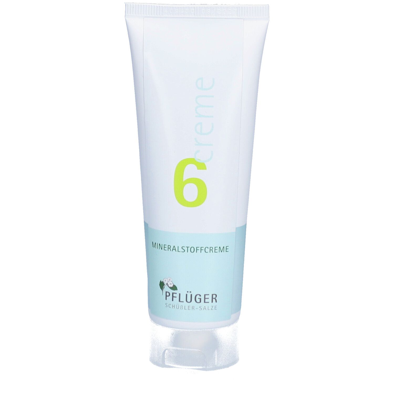 Creme-Tube mit grüner "6" und "Mineralstoffcreme". Marke Pflüger.