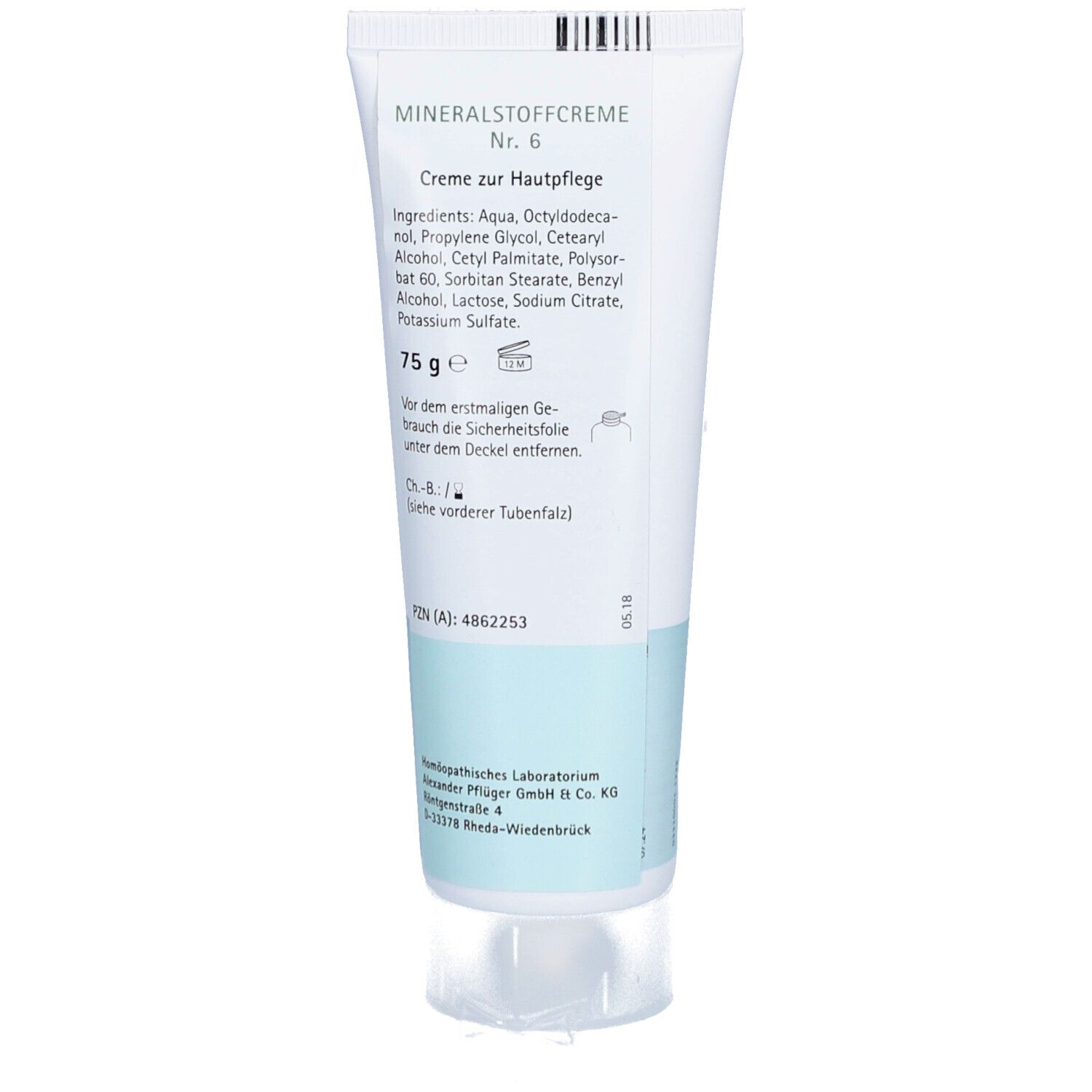 Rückseite der Creme-Tube mit Text. Enthält "Mineralstoffcreme Nr. 6".