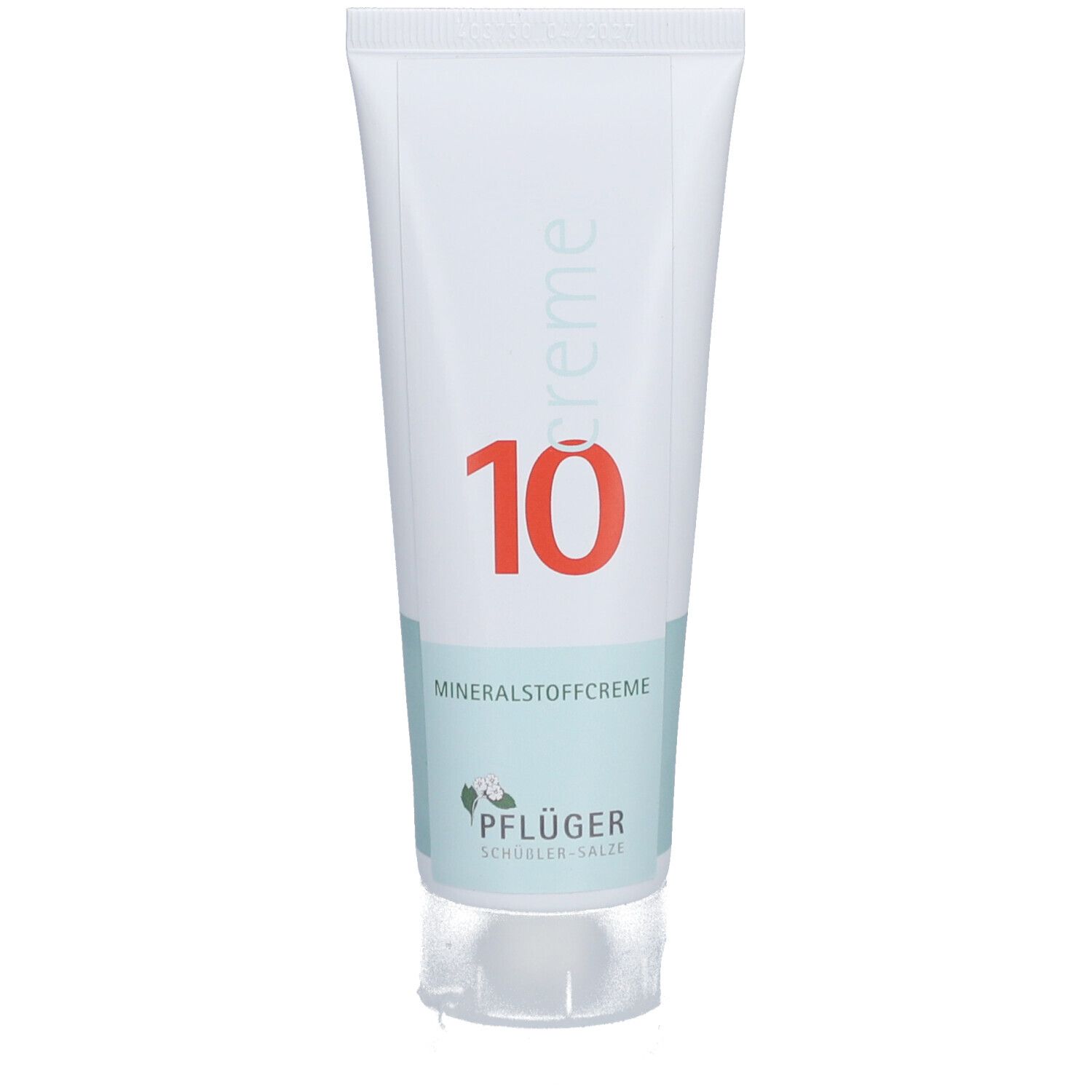 Creme-Tube, weiß, mit roter "10" und "Mineralstoffcreme". Pflüger-Logo unten.