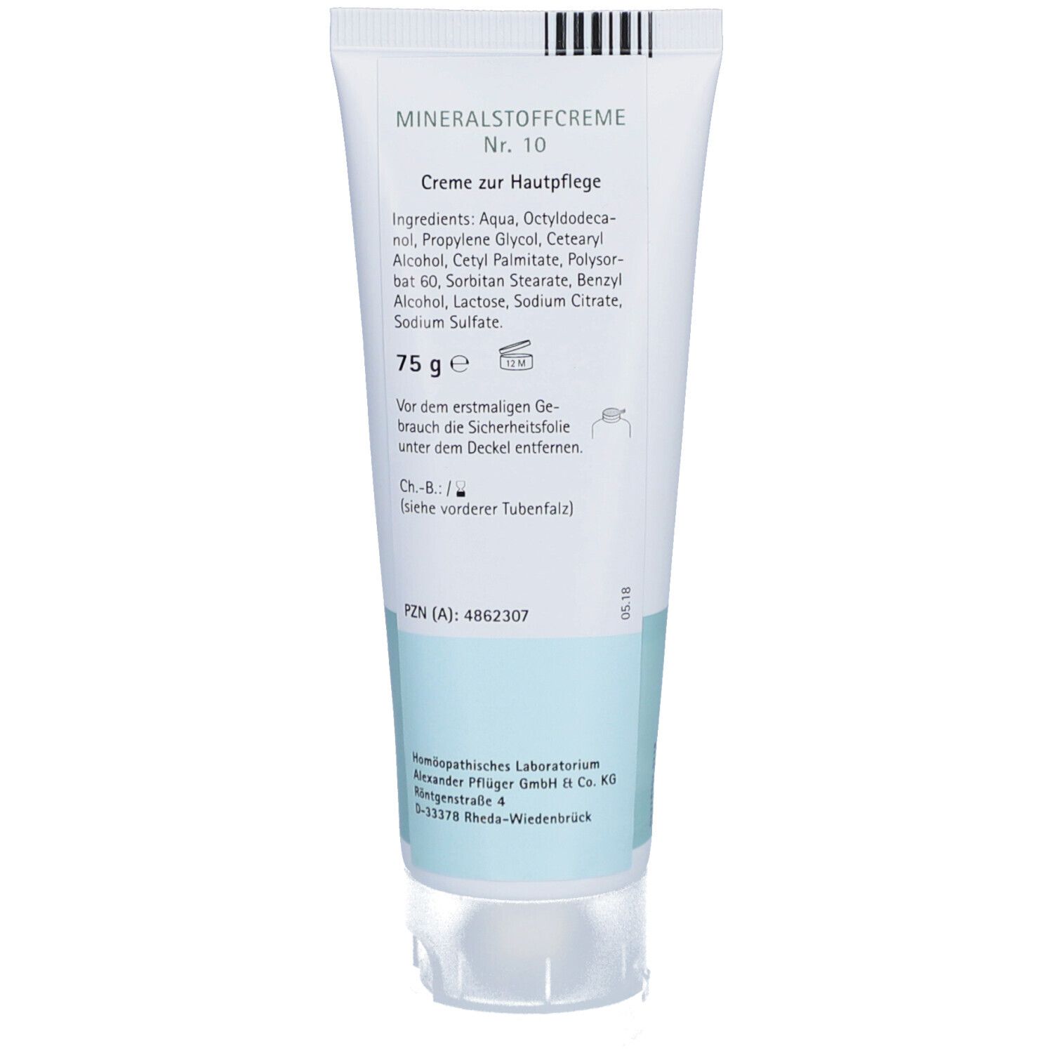 Rückseite der Creme-Tube. Text: "Mineralstoffcreme Nr. 10", Inhaltsstoffe, 75 g, PZN, Hersteller.