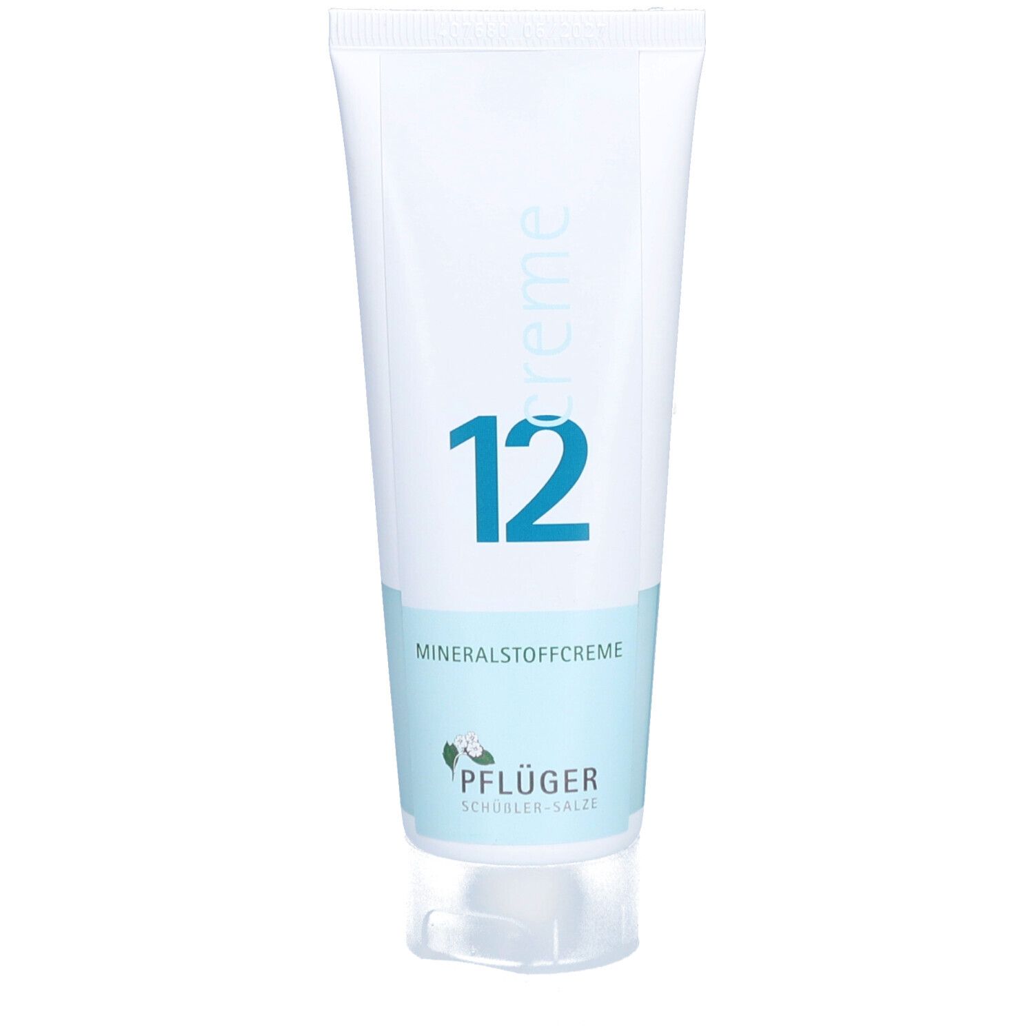 Tube mit blauer Aufschrift "12" und "Mineralstoffcreme". Pflüger-Logo unten.