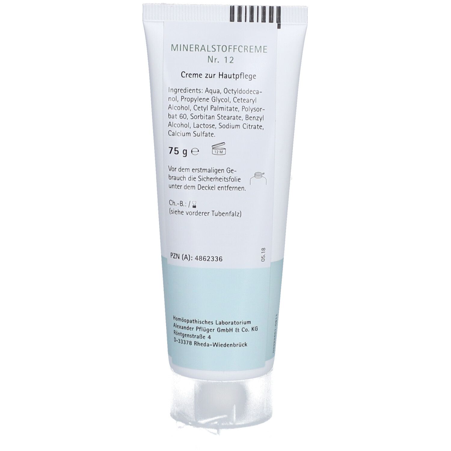 Rückseite der Tube mit Text: "Mineralstoffcreme Nr. 12". Inhaltsstoffe, Gewicht, Hersteller.