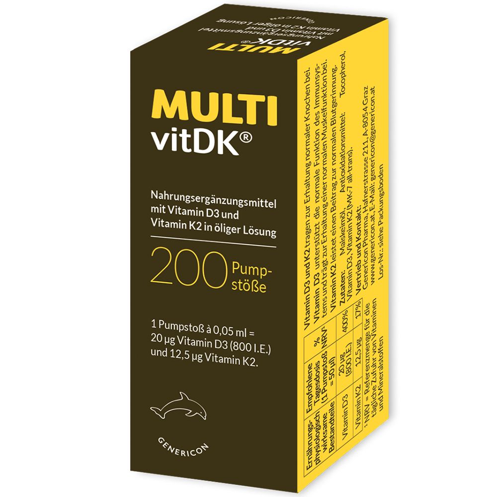 Braune Flasche mit weißem Sprühkopf und gelber Etikett. Aufschrift: MULTI vitDK, 200 Pumpstöße.