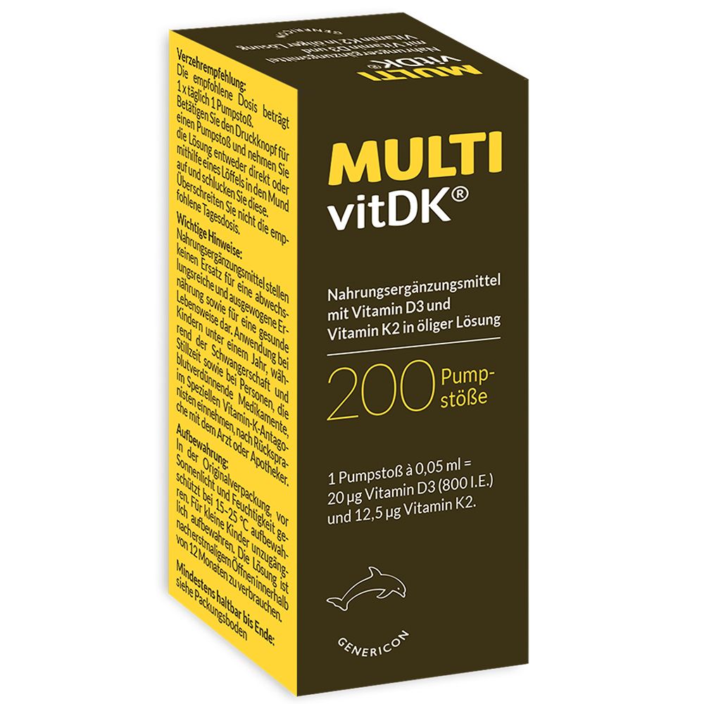 Braune Flasche mit weißem Sprühkopf und gelber Etikett. Aufschrift: MULTI vitDK, 200 Pumpstöße.