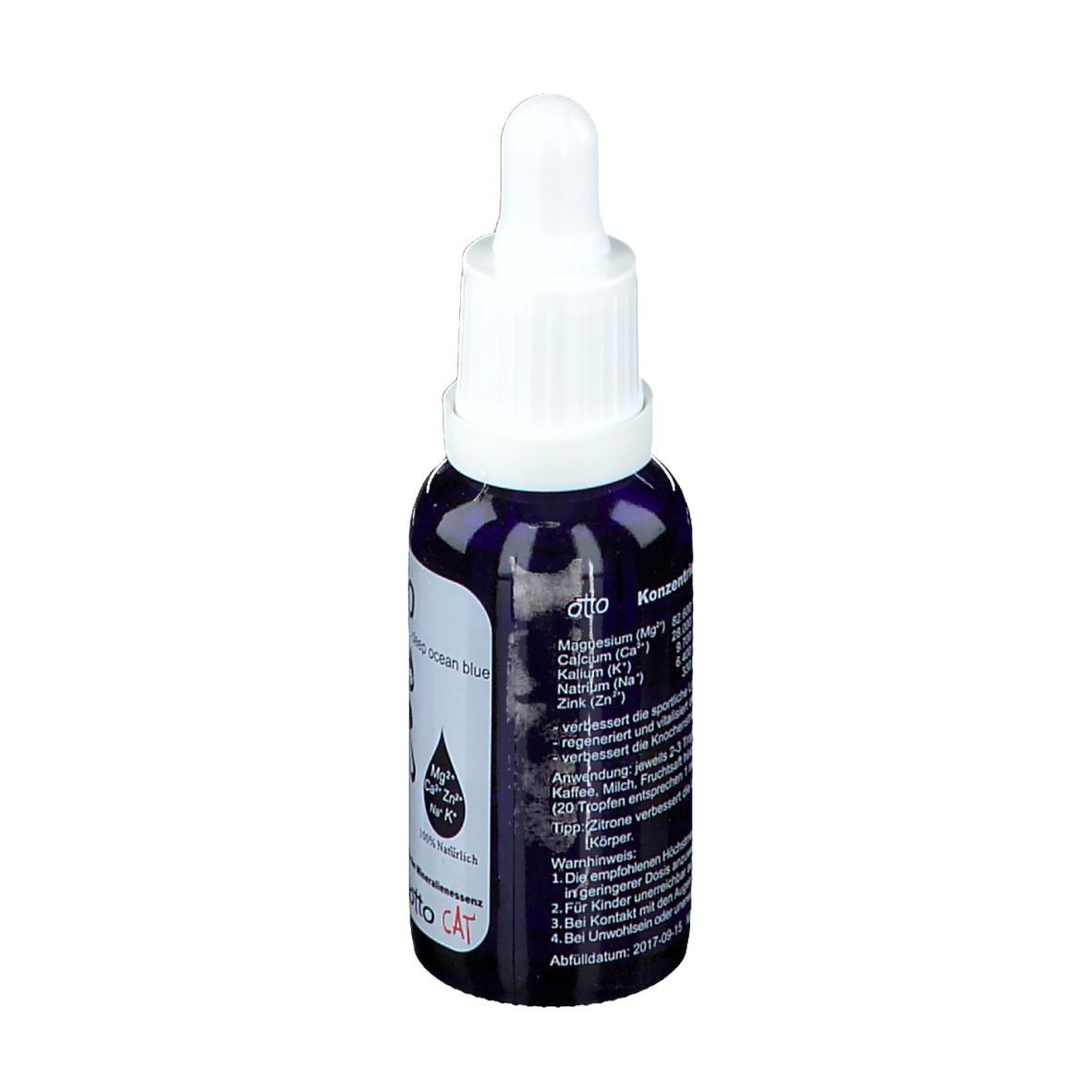 Dunkelblaue Flasche mit weißem Tropfer. Rückseite mit Text: Konzentrierte ionische Mineralien, Inhaltsstoffe.