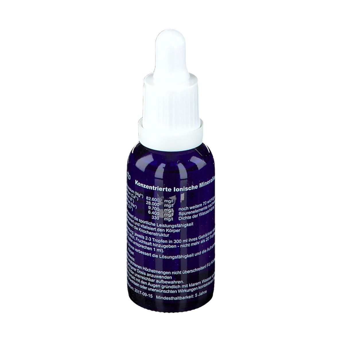 Dunkelblaue Flasche mit weißem Tropfer. Rückseite mit Text: Konzentrierte ionische Mineralien, Inhaltsstoffe.
