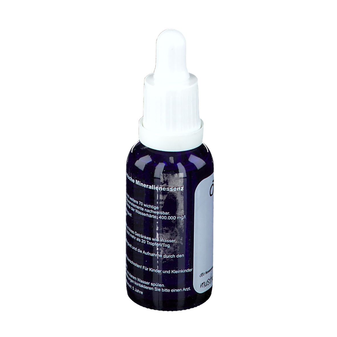 Dunkelblaue Flasche mit weißem Tropfer. Rückseite mit Text: Mineralienessenz, Inhaltsstoffe.