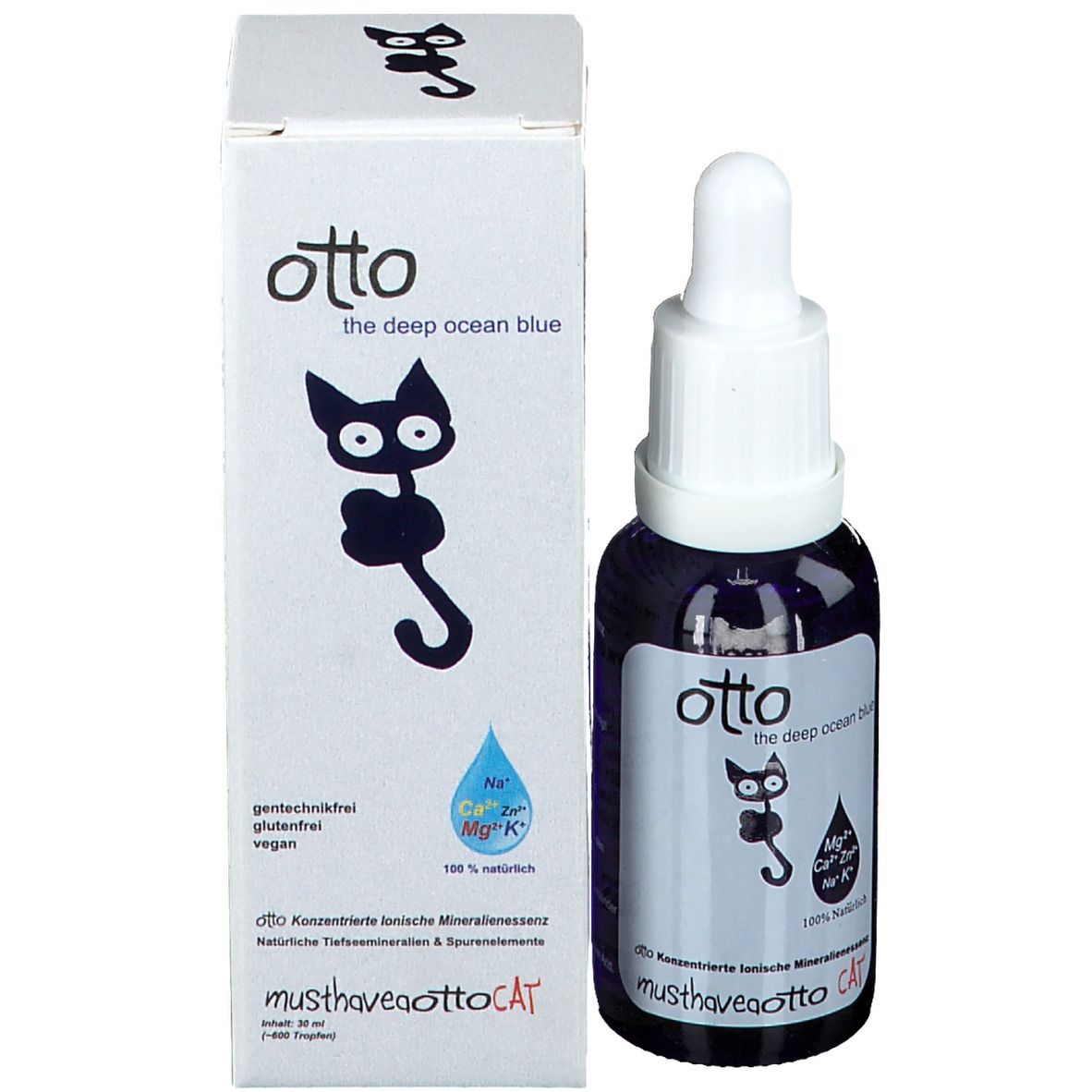 Dunkelblaue Flasche mit weißem Tropfer und Verpackung. Aufschrift: otto the deep ocean blue, Katze, Mineralien.