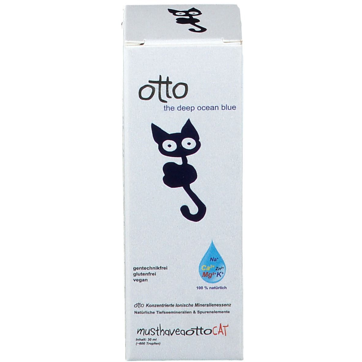 Hohe, weiße Verpackung. Aufschrift: otto the deep ocean blue, Katze, Mineralien.