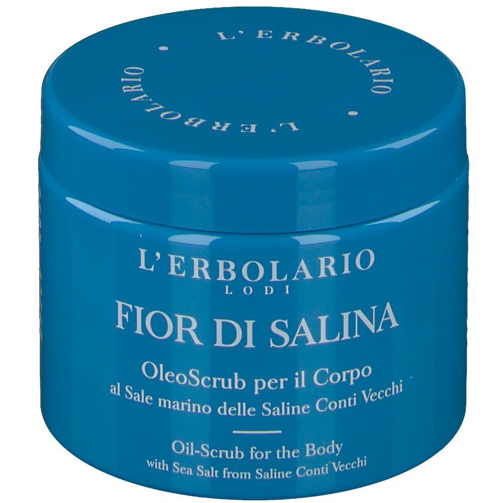 Blaue Dose mit L'Erbolario Fior di Salina Oleoscrub per il Corpo. Meersalz-Körperpeeling.