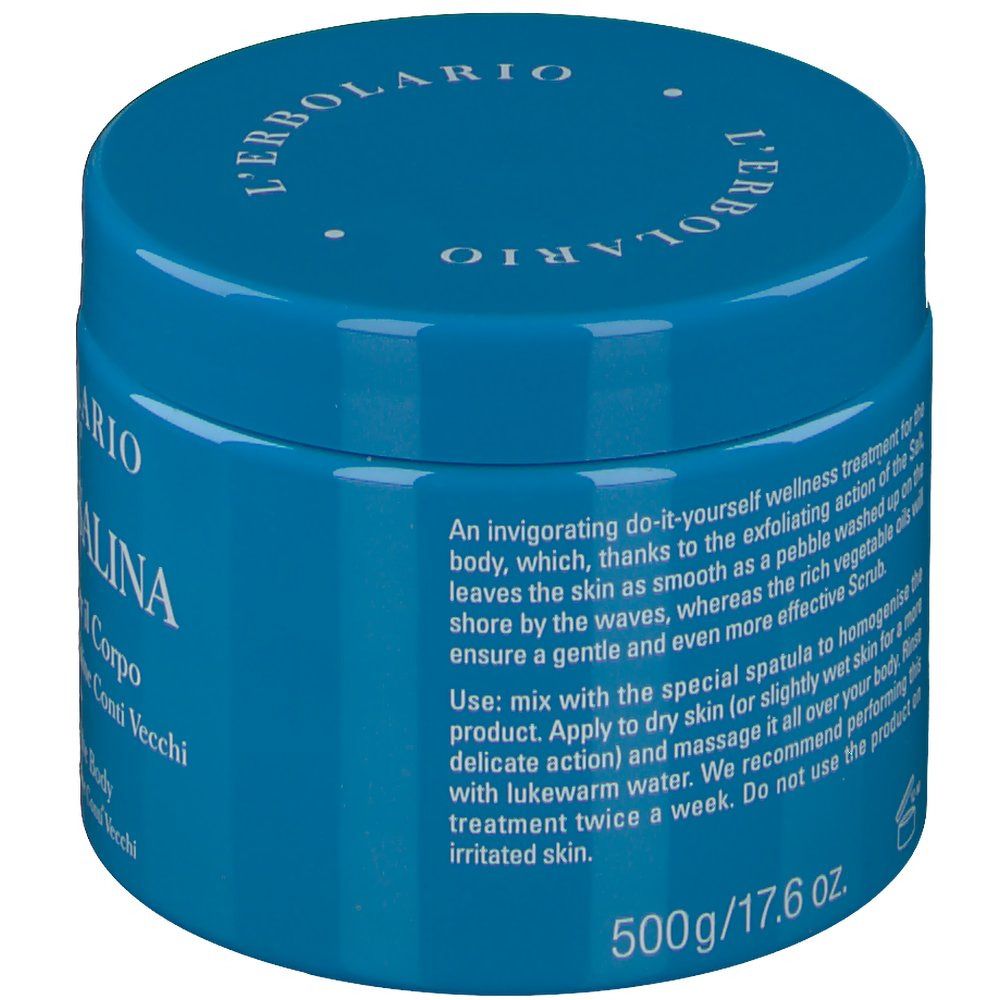 Blaue Dose mit L'Erbolario Salz Körperpeeling, 500g.
