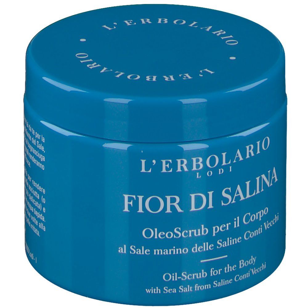 Blaue Dose L'Erbolario Fior di Salina Oleoscrub per il Corpo, Körperöl-Peeling mit Meersalz.