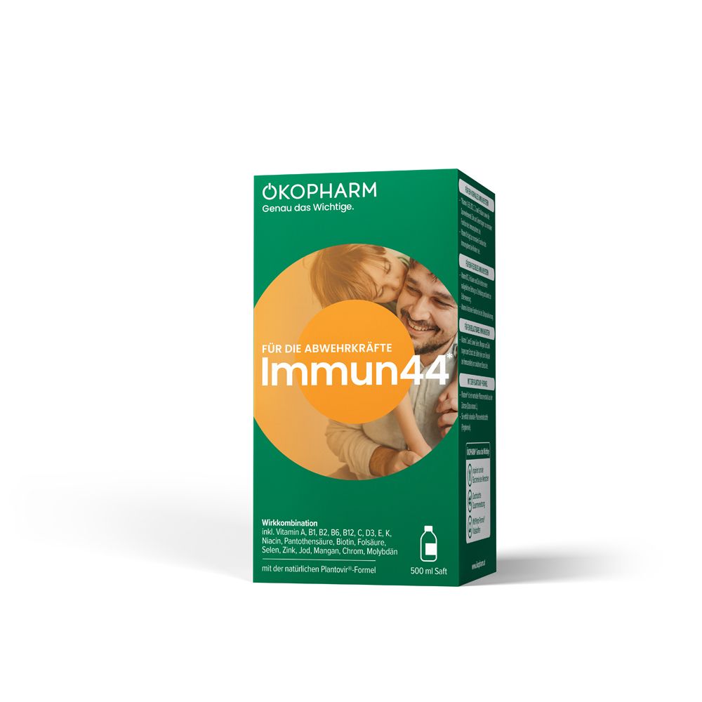 Grüne Schachtel ÖKOPHARM Immun44 Saft. Aufdruck: Immun44, Bild von Vater und Kind. 500 ml.