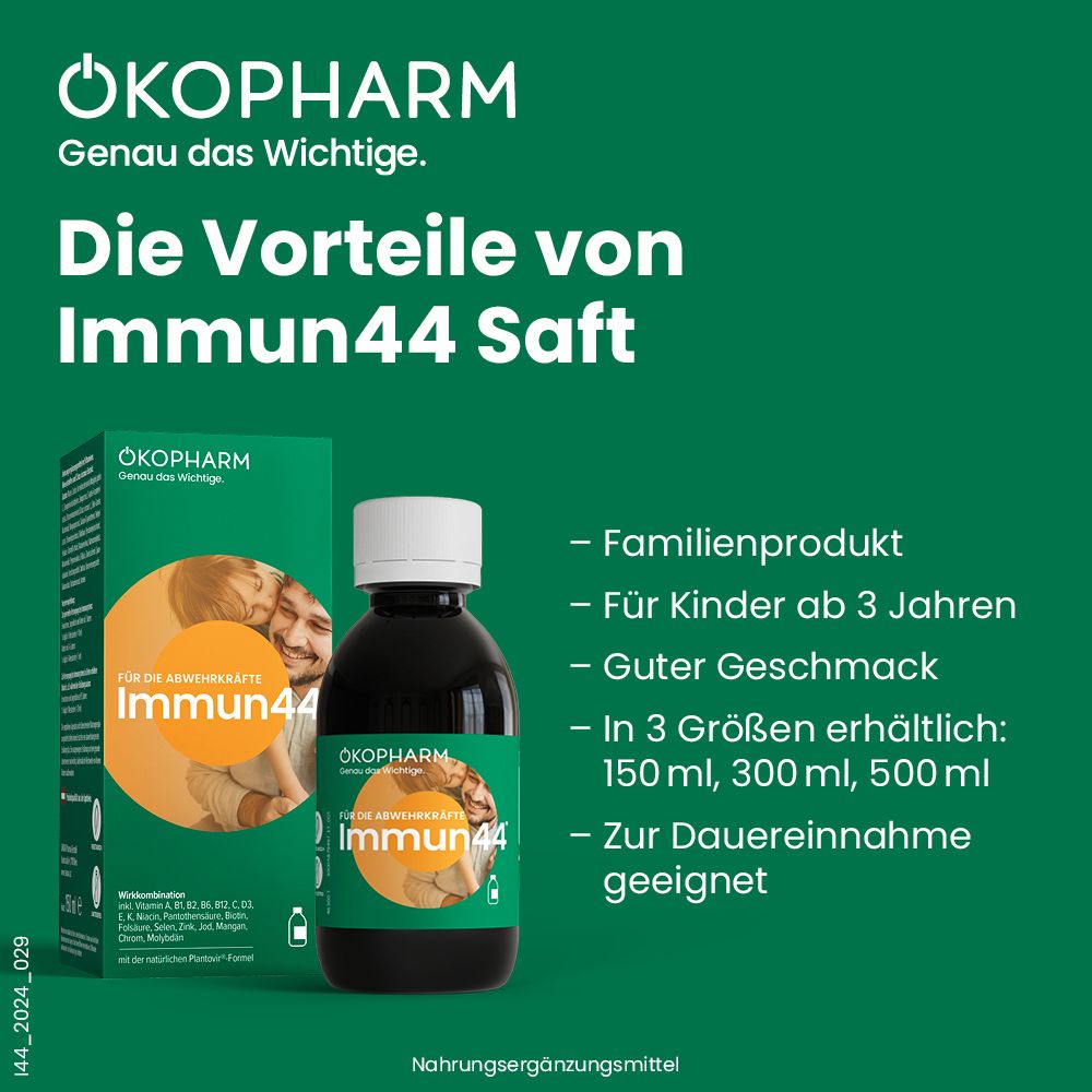 Anzeige: Vorteile von Immun44 Saft. Flasche und Schachtel. Text: Familienprodukt, ab 3 Jahren.