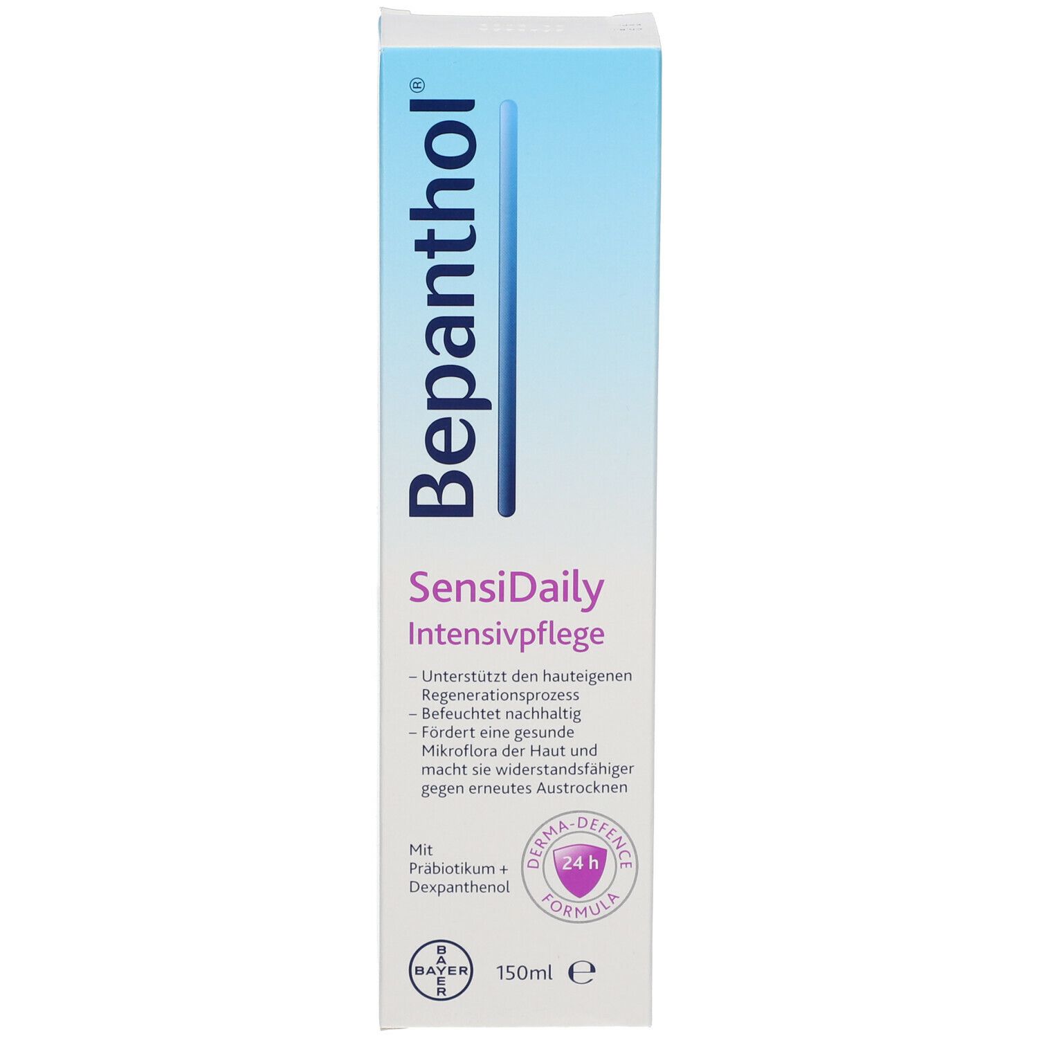 Bepanthol SensiDaily Intensivpflege Verpackung. Hellblau, weiß und lila. 150ml. Mit Probiotikum + Dexpanthenol. Bayer Logo.