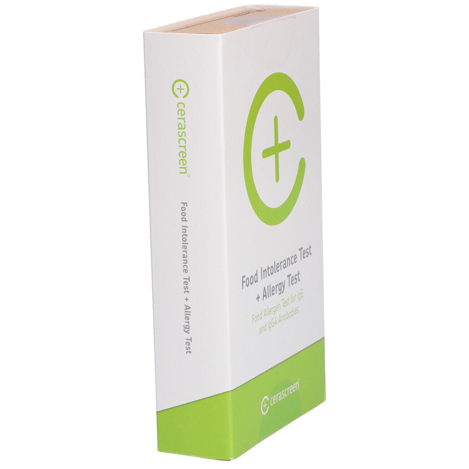Schräg stehende, weiße Verpackung mit grünem Logo und Schriftzug. Enthält einen Lebensmittel-Reaktionstest. cerascreen® ist sichtbar.