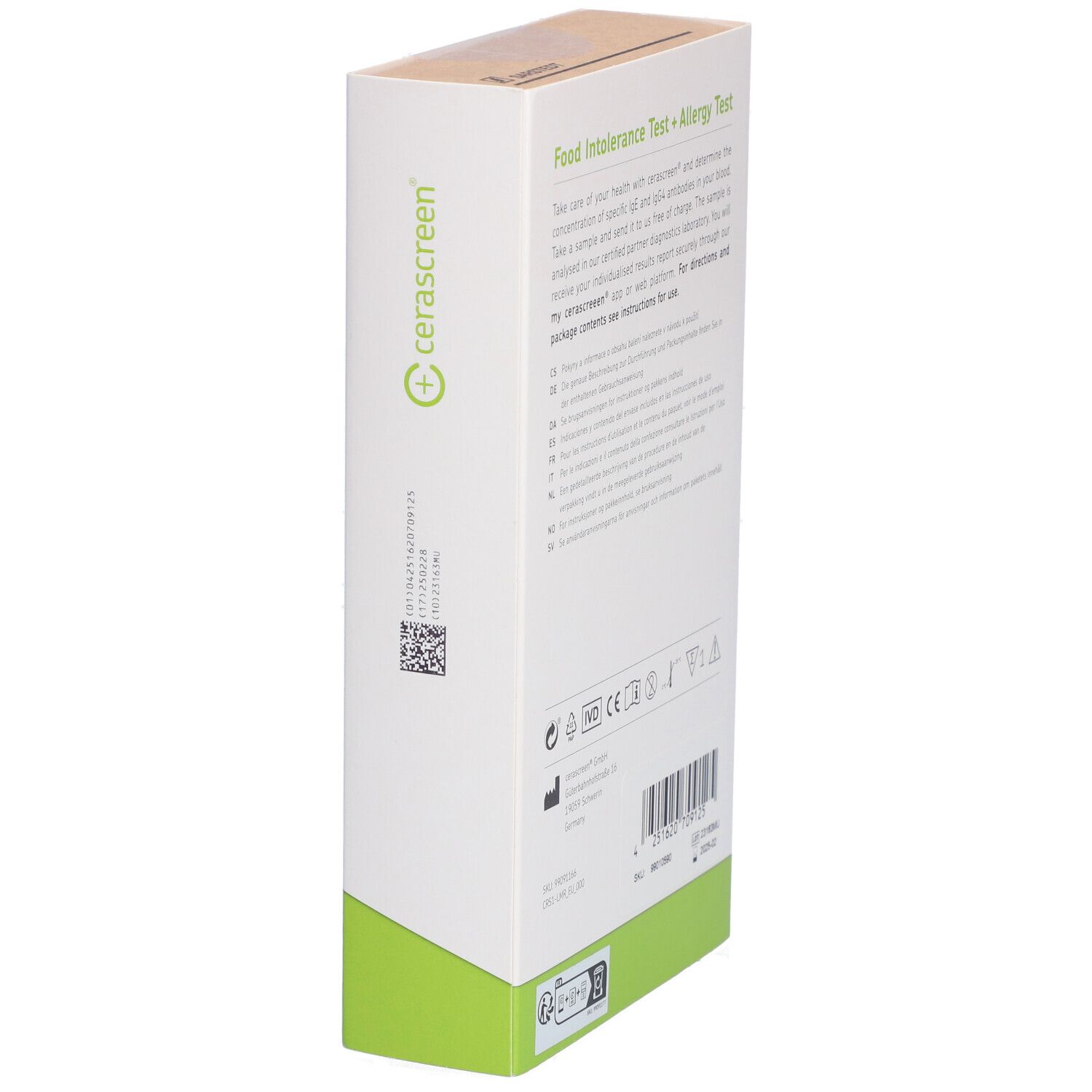 Weiße Verpackung mit grünem Logo und Text. Enthält Informationen zum Lebensmittel-Reaktionstest. cerascreen® ist aufgedruckt.