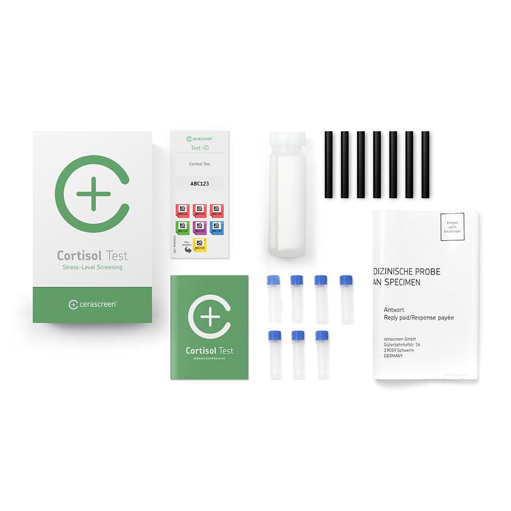 Kit mit Test-Box, Probenröhrchen, Anleitung und weiteren Komponenten. Marke: cerascreen.